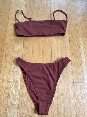 Women's Rust Brown Bikini Set - Minimal Bandeau Top & High-Cut Bottoms